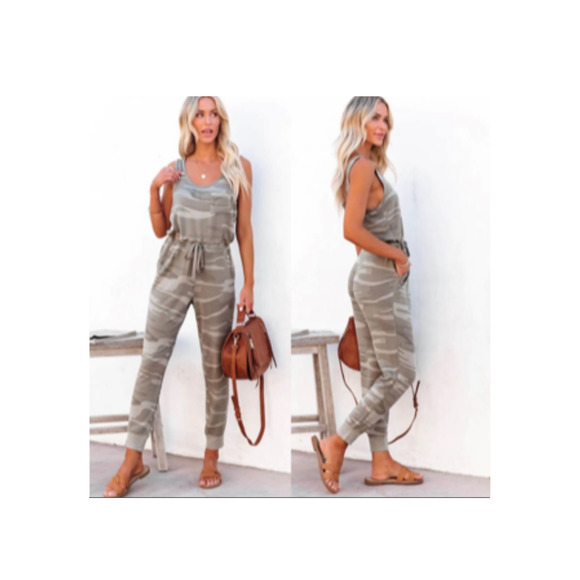 Thread & Supply Pants - Thread & Supply Camo Green Comfy Fleece Lined Tank Jumpsuit Womens Large
